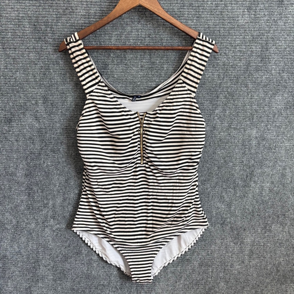 Figleaves Womens Stripe One Piece Swimsuit Black White Gold Metallic Zip Front